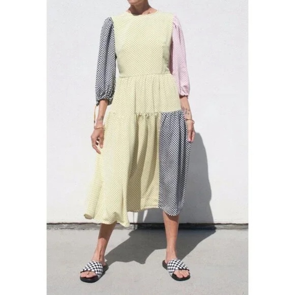Kkco Patchwork Polka Dot Long Sleeve Midi Dress - Yellow